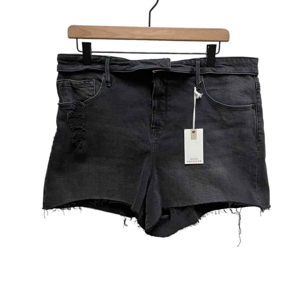Good American Faded Black Fold Over Waistband Raw Hem Denim Shorts 15 NWT